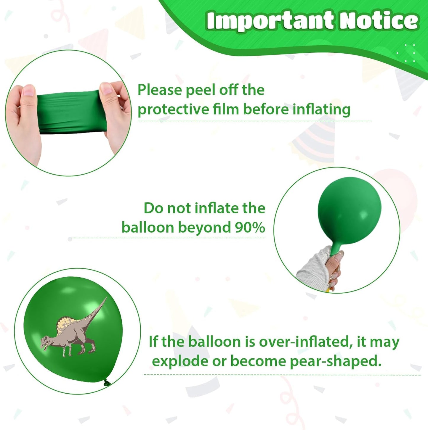 Dinosaur Balloons, 12 Inch Fruit Lime Dark Green White Confetti Balloons with Dinosaur Printed Pattern for Boys Jungle Theme Birthday Party Safari Woodland Baby Shower Decorations