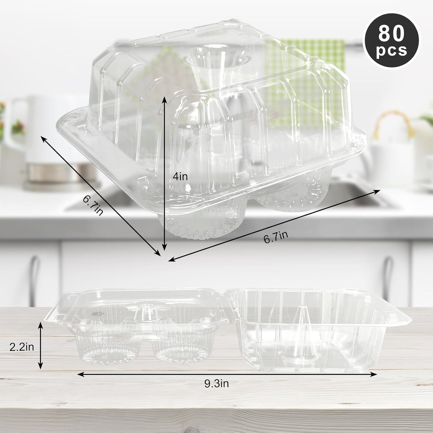 80 Pack Plastic Cupcake Containers 4-Compartment Clear Boxes Disposable Cupcake Tray Holders 4 Cavity Cupcakes Carriers with Deep Dome for Muffin Packaging