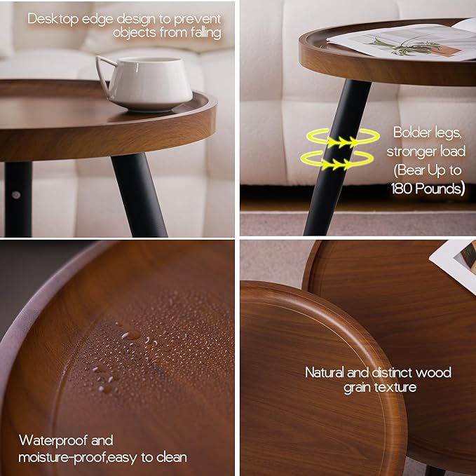 2-Piece Walnut Coffee Table, Durable Mid Century Small Round Coffee Tables - Image 4