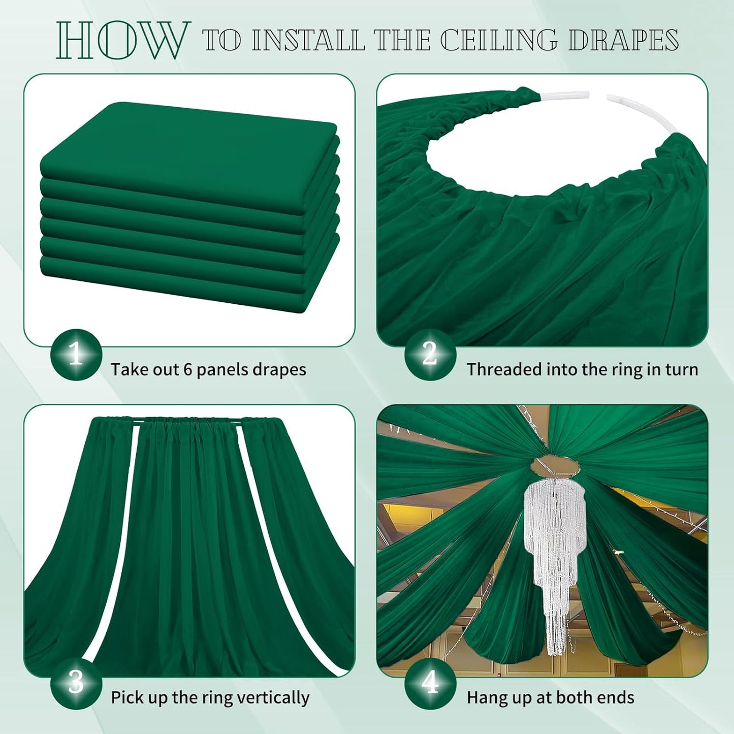 6 Panels Emerald Green Ceiling Drapes for Wedding 5ftx10ft Chiffon Fabric Arch Draping Curtains Sheer Drapery for Party Ceremony Birthday Baby Shower Reception Stage Swag Ceiling Decorations