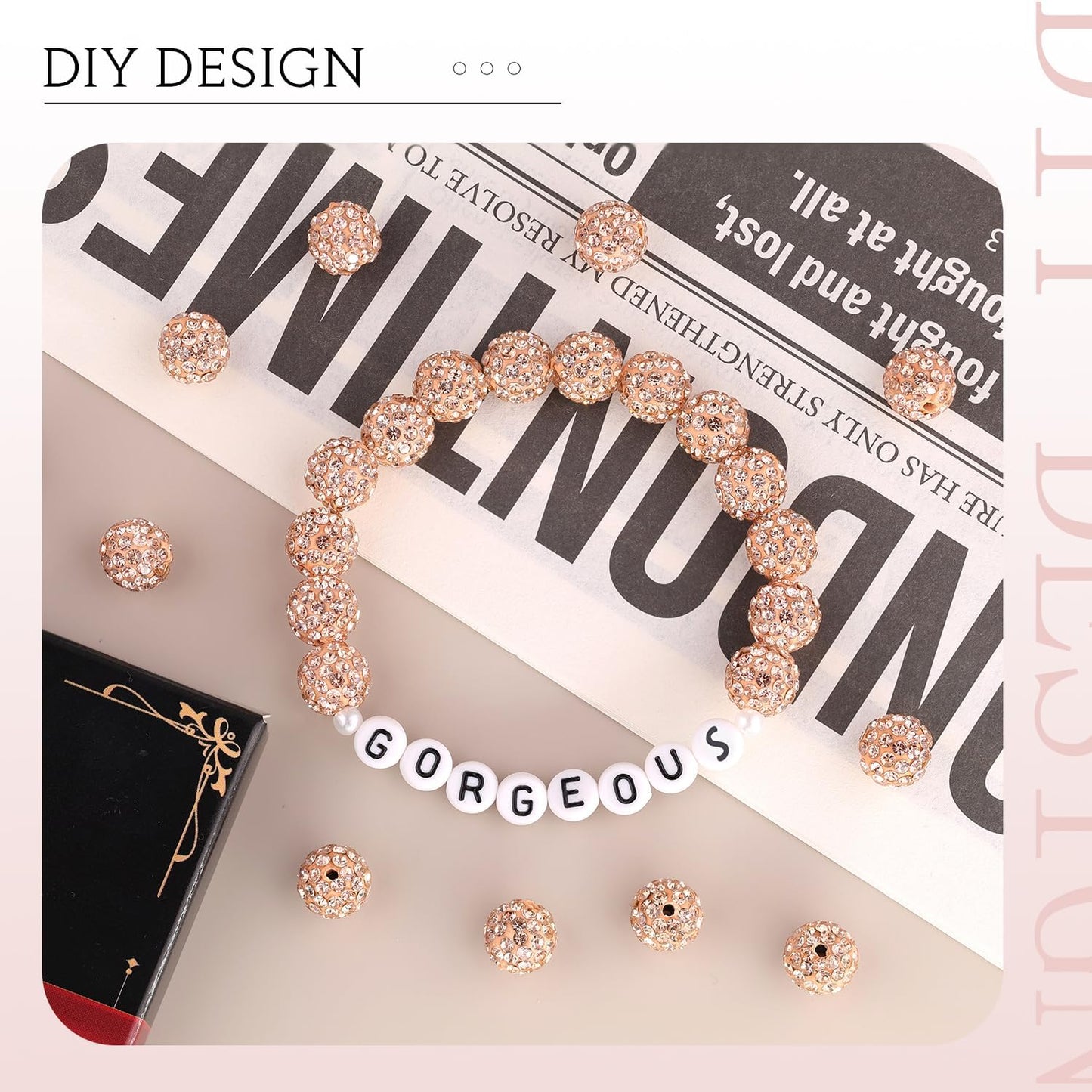 150 pcs 10mm Rhinestone Beads for Jewelry Making, Light Peach Shiny Round Shamballa Disco Beads Bulk, Sparkle Crystal Clay Christmas for Bracelet Baseball Necklace Earring Crafting and DIY