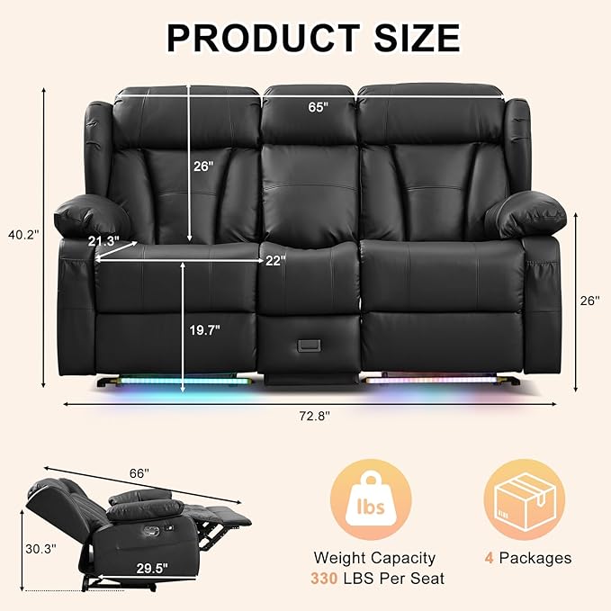 Loveseat Recliner Sofa, RV Recliner Couch, Manual Reclining Loveseat - Image 2