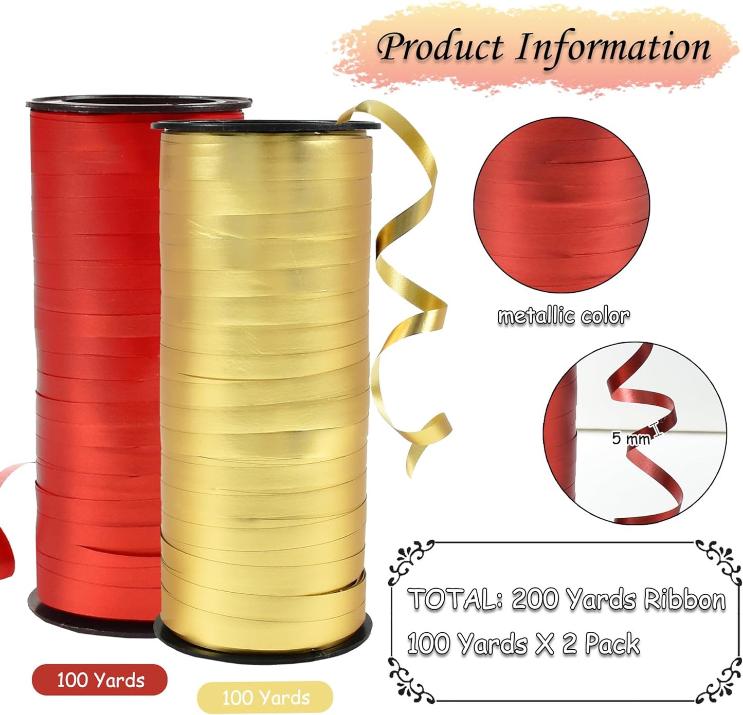 BEISHIDA Red and Gold Curling Ribbons Balloon String Ribbons - 2 Pack 100 Yards for Gift Warppping Birthday Christmas Party Decorations
