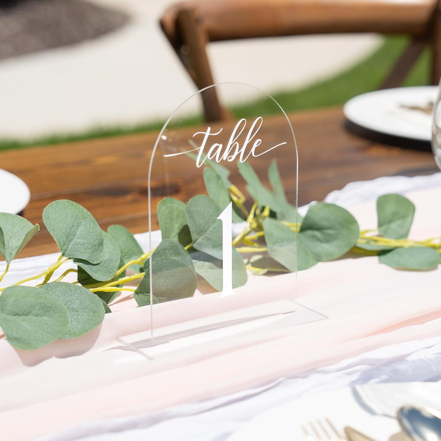 Clear Arch Acrylic Table Numbers for Wedding Reception - 5" x 7" White Font Centerpiece Set with Holder Stands & Head Table Sign - Anniversary, Event, Party, Wedding set 1-15