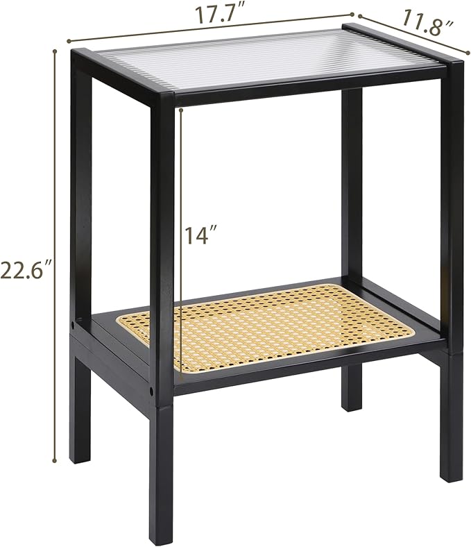 2-Tier Bamboo Side Table, Modern Glasstop Rattan Side Table, Mid Century Wood - Image 2