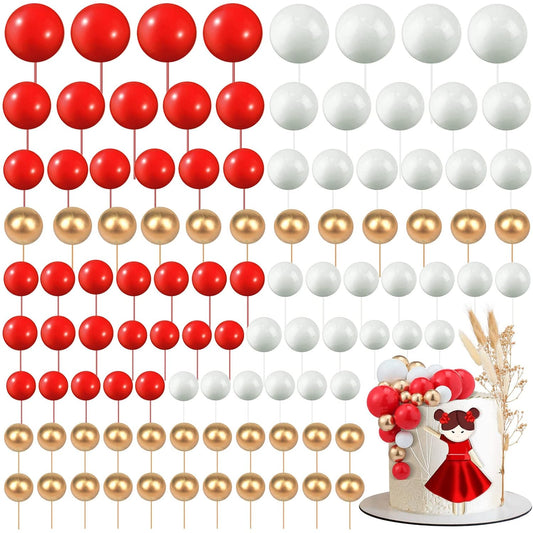 108 Pcs Balls Cake Topper DIY Cupcake Insert Foam Balloons for Cake Baking Wedding Anniversary Birthday Decoration(Red, White, Gold,Multi Sizes)