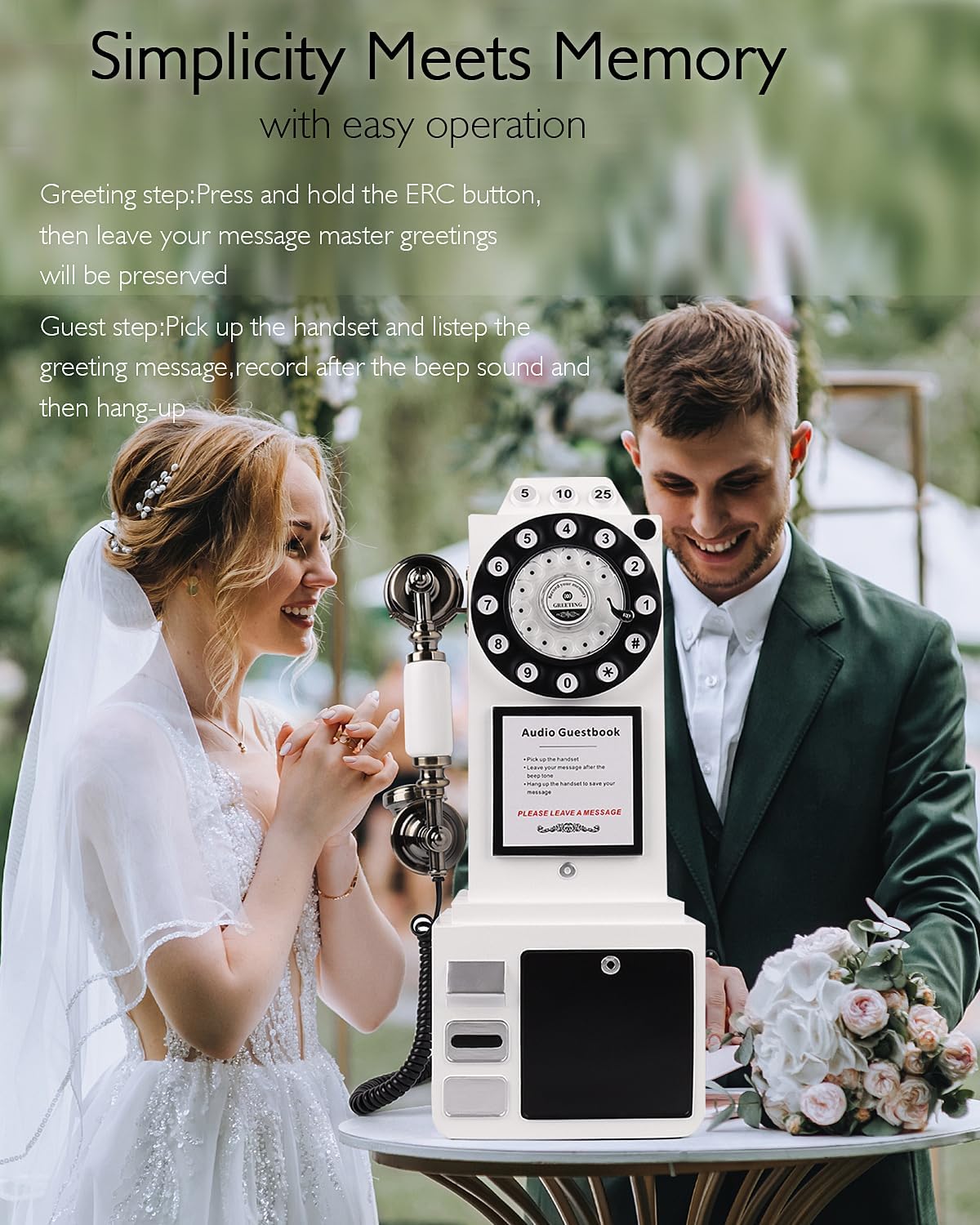 Audio Guest Book Wedding Phone with Vintage Design, Record Customized Audio Message Guest Book for Wedding, Party and Gathering, White