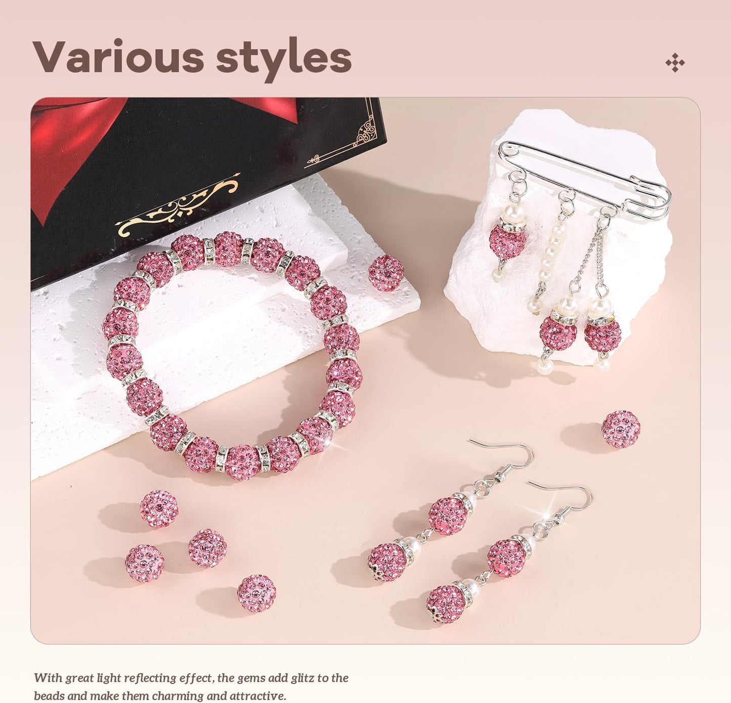 160pcs 10mm Rhinestone Beads for Jewelry Making, Dark Pink Shiny Round Disco Ball Beads Bulk, Sparkle Crystal Clay Christmas for Bracelet Baseball Necklace Earring Crafting and DIY