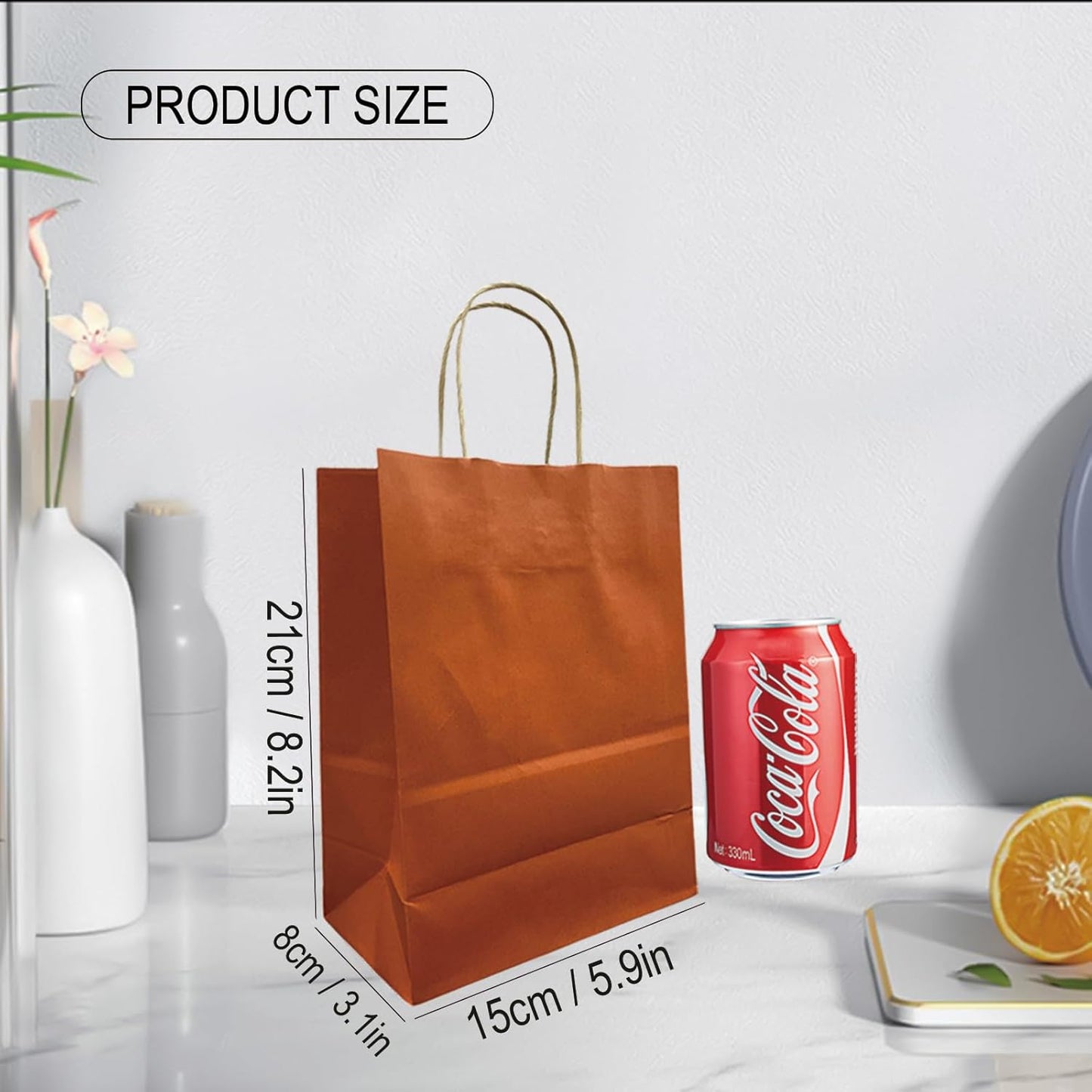 BAG BOX 50 Pack Small 5.9x3.1x8.25 Inch Orange Kraft Paper Gift Bags with Handles for Bulk Shopping, Retail, Craft, Party Favors, Wedding, Grocery & Sacks