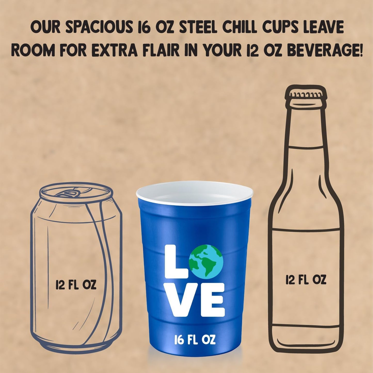 16 oz. Party Cup Earth Day 'Love' Planet Recycle Design for Cold Drinks, Durable, Disposable, Recyclable, Made in USA, Blue 12 Count