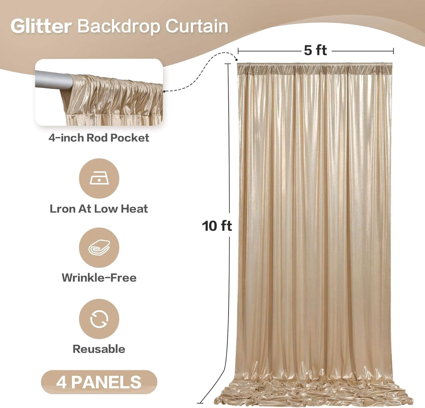 gogoparti 20x10FT Champagne Gold Sequin Backdrop Curtain - 4 Panels of 5x10FT Wrinkle-Free Glitter Drapes for Photography, Birthdays, Weddings & Graduations