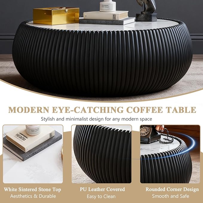 27.55" Round Marble Coffee Table, Modern Fluted Coffee Table - Image 5