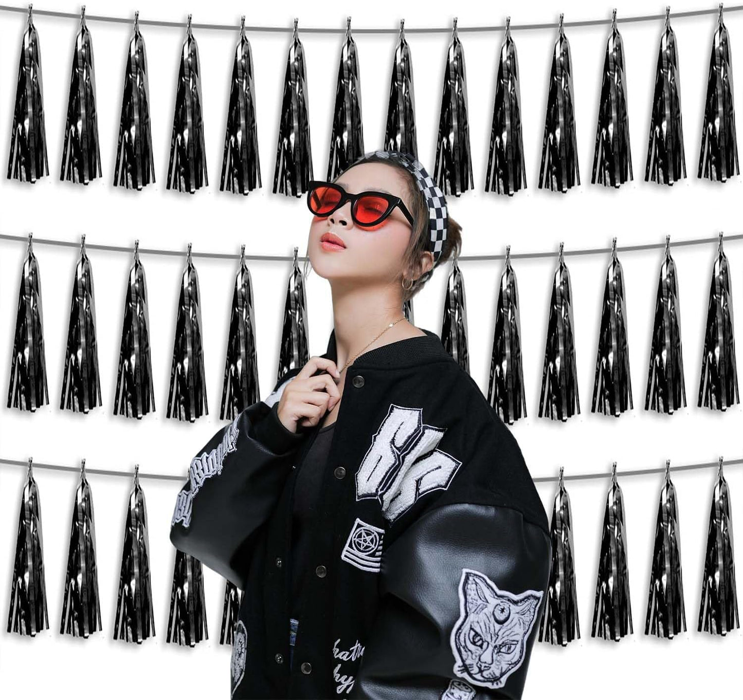 3P Metallic Fringe Tassel Banner Garland Foil Tinsel Streamer Wall Hanging Curtain Backdrop Banners for Parade Floats, 2024 Graduation Decorations, Father’s Day Party Decoration(Black)