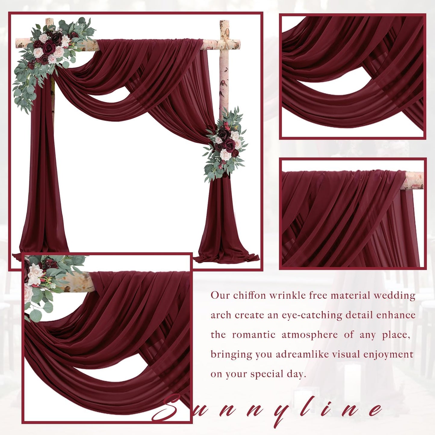 20Ft Length x 28" Width Wedding Arch Draping Fabric 2 Panels Burgundy Arch Drapes Chiffon Fabric Sheer Curtains Backdrop for Party Decorations Wedding Ceremony Bridal Ceiling Stage Reception Decor