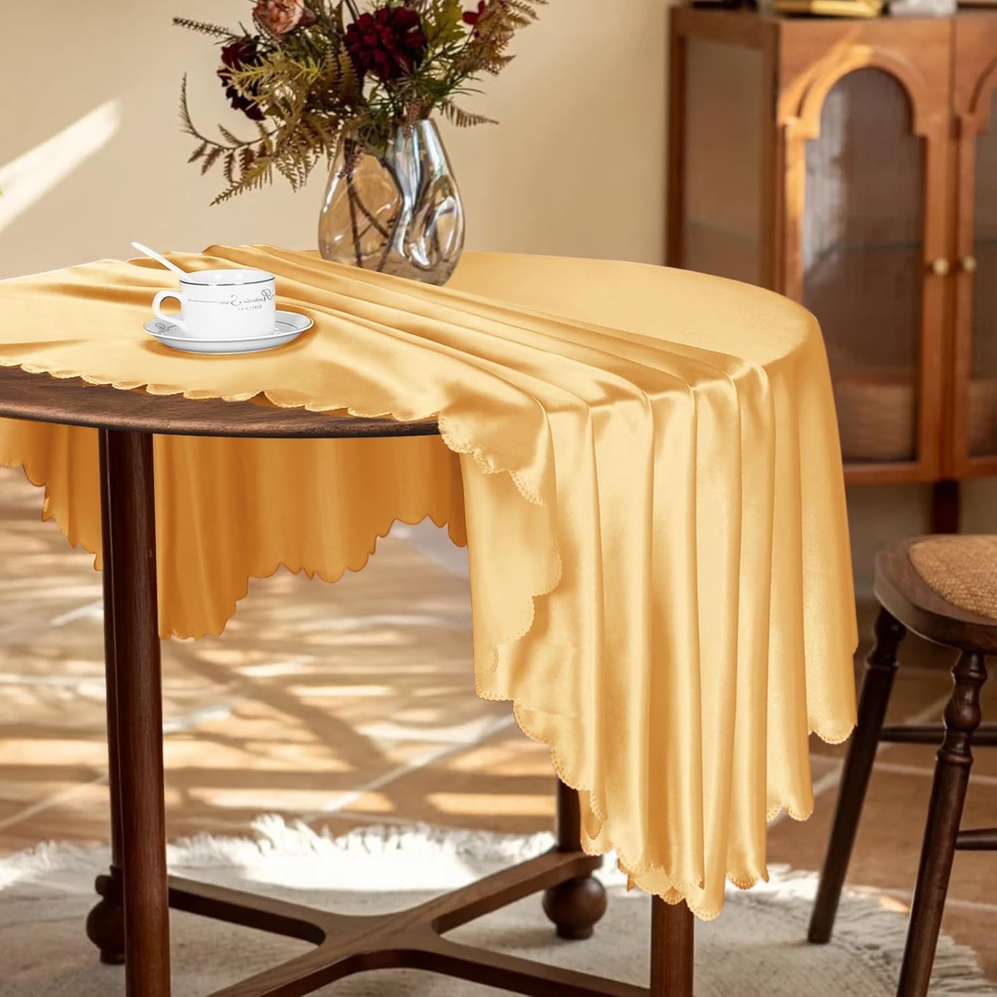 KKJIAF 1 Pack Round Table Cloths 90 Inch, Gold Overlay Round Satin Table Cover, Silky Satin Dining Tablecloths for Wedding Buffet Parties Banquet Decoration