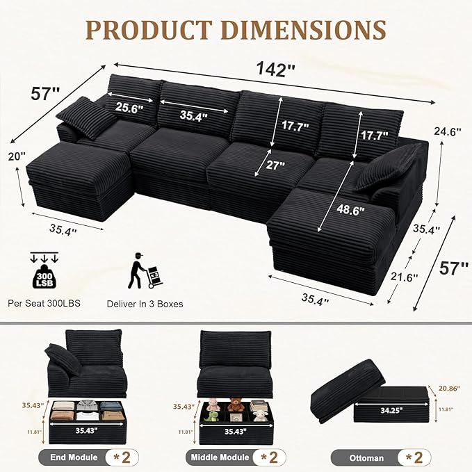 Upgrade Boneless Couch with Storage, Extra Deep&High Seat Modular Sectional - Image 3