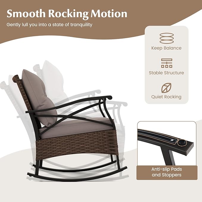Tangkula 3 Pieces Outdoor Rocking Chairs Set, Rattan Heavy Duty Cushioned - Image 2
