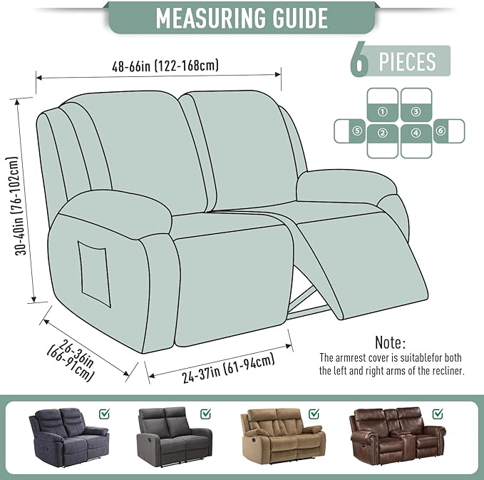 TAOCOCO Recliner Loveseat Slipcover, 6 Pieces Dual Recliner Sofa Covers - Image 5