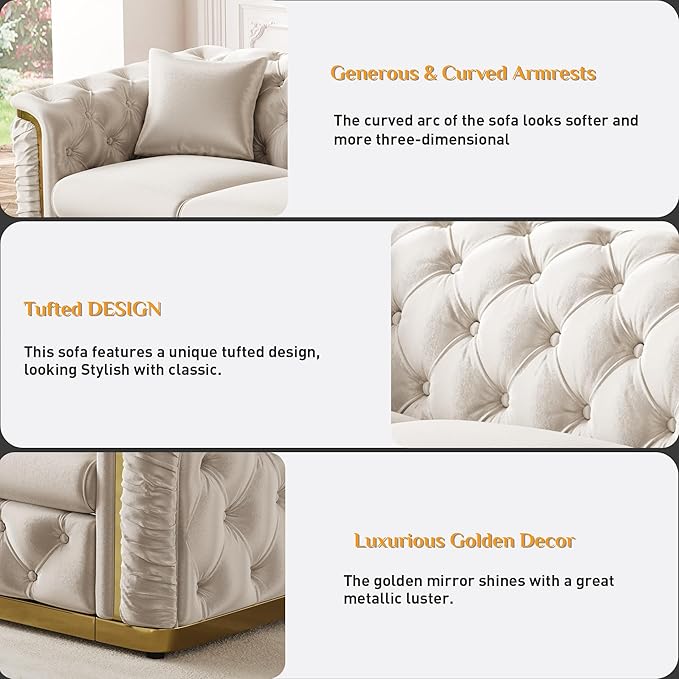 84.6" Luxury Chesterfield Sofa Velvet Tufted Sofa Black and Gold Couch - Image 4