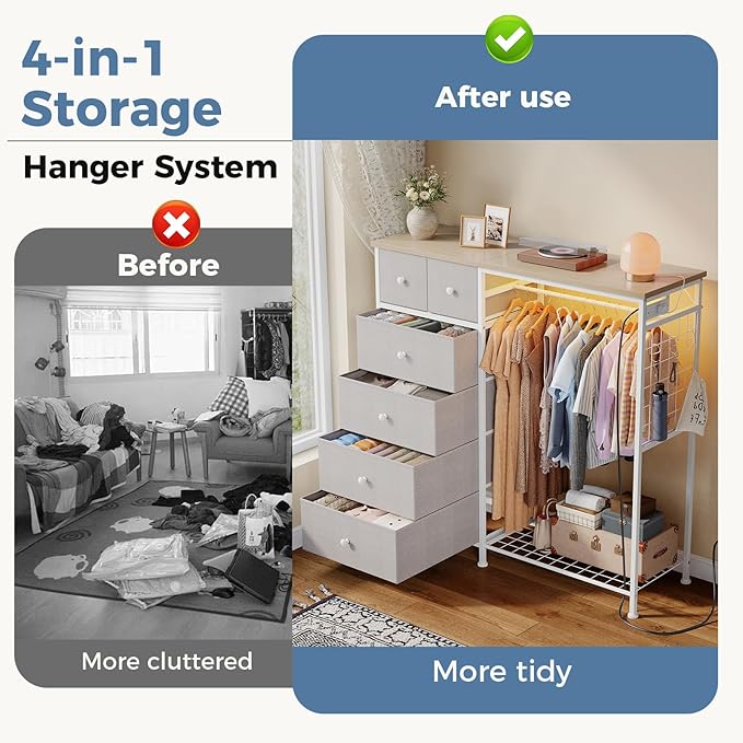 DUMOS Dresser for Bedroom with Hanging Rack, 6 Drawer Fabric Dresser with - Image 4
