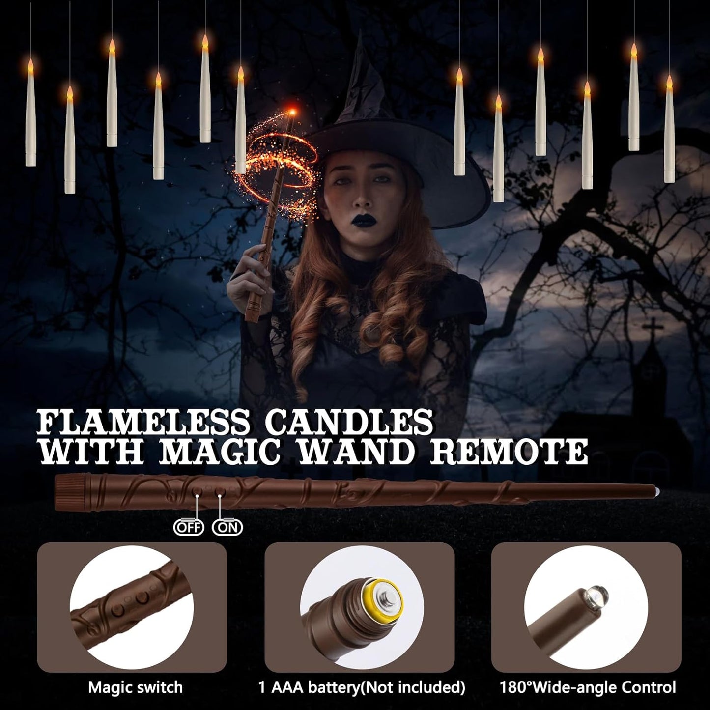 Floating Candles with Wand Remote, 20 Pcs Magic Halloween Hanging Candles, Flickering Warmer Light Flameless LED Candles with DIY Sticker, Battery Operated Halloween Decorations Gifts Indoor (20)