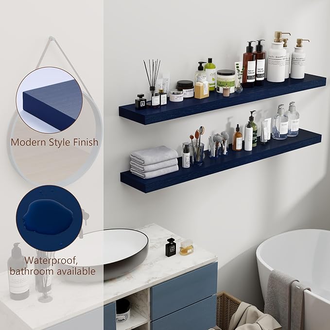 fuqing Dark Blue Floating Shelves 48 Inch, Solid Wooden Wall Shelves Set of 2 - Image 5