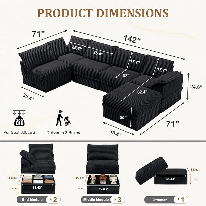 Upgrade Boneless Couch with Storage, Extra Deep&High Seat Modular Sectional - Image 3