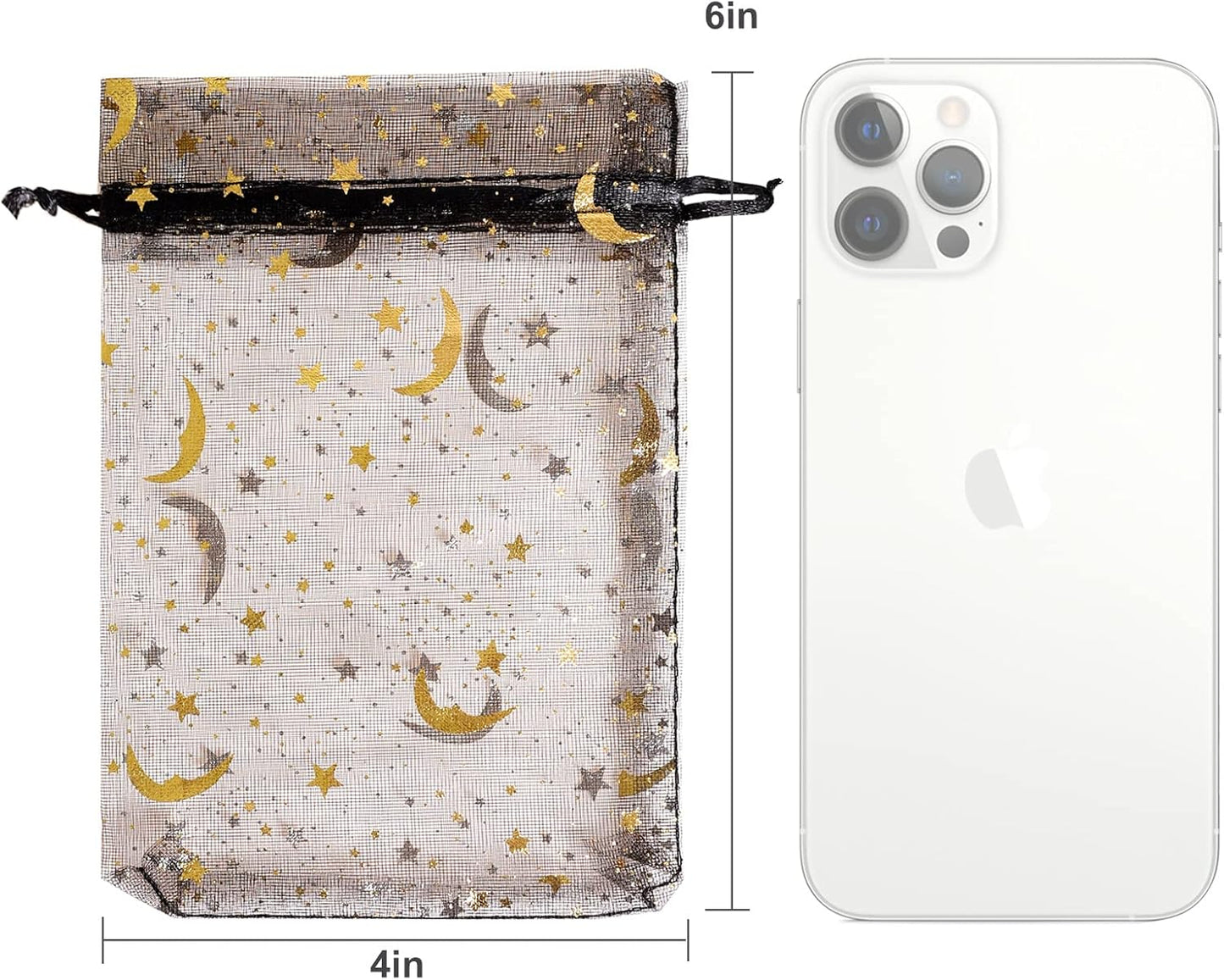 100PCS Moon Star Organza Bags - 4x6" Wedding Favors with Drawstring, Black Organza Gift Pouch for Jewelry, Wedding, Valentine's Day, Christmas, Eid Mubarak Party Favor Bags