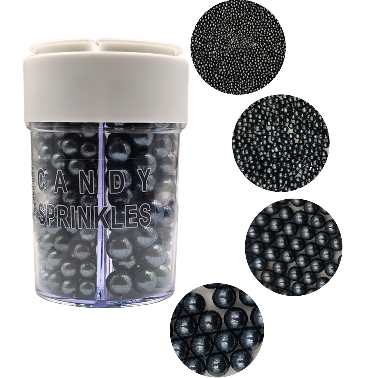 4 in 1 Edible Black Pearl Sugar Sprinkles 6 oz, 4 sizes Candy Pearls Ideal for Baking, Cake and Cupcake Toppers, Cookie Decoration, Ice Cream Topping, Wedding Shower Valentines Halloween Christmas