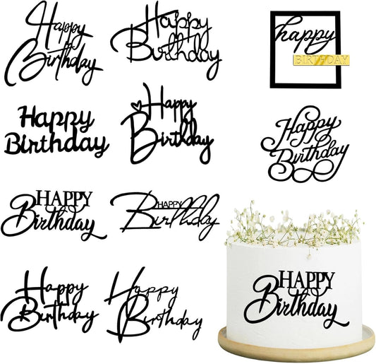 10 PCS Black Birthday Cake Topper Mirror Acrylic Happy Birthday Cake Toppers Double-Sided Dessert Decorations for Girls Women's Party Supplies