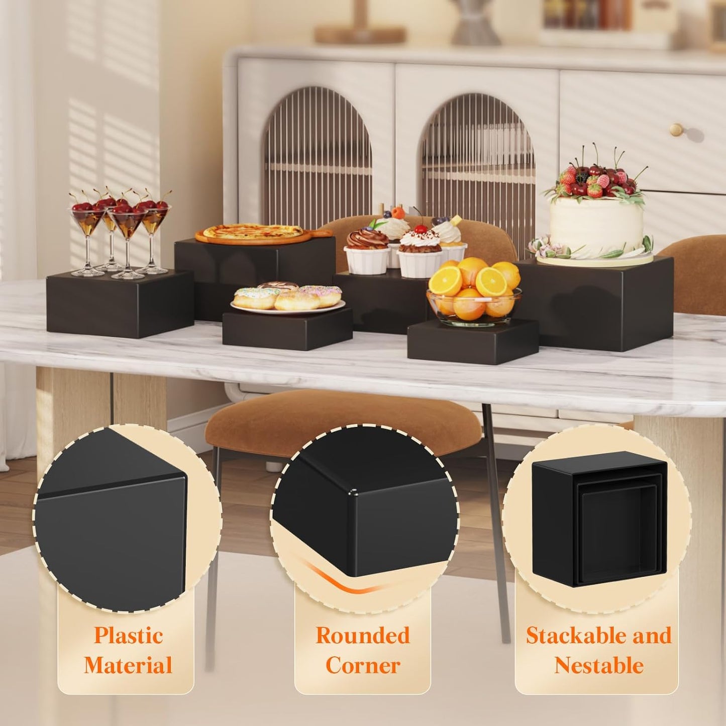 Lifewit Buffet Risers and Stands Up to 7.8", Food Risers for Buffet Table, Catering Dessert Cake Stand for Party, Collectibles Jewelry Display Stand, Black Cube Boxes Nesting Risers, 6 PCS