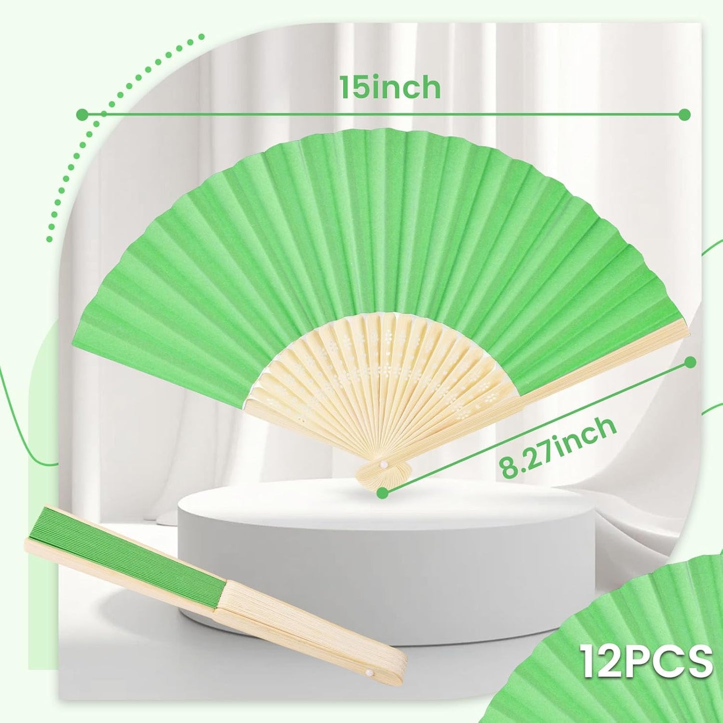 JOHOUSE 12PCS Foldable Hand Fan, 8.3 Inch Green Paper Fans for Woodland Baby Shower Decorations, Wedding, Outdoor Party Favors, Bridal Shower DIY Crafts Photography Prop
