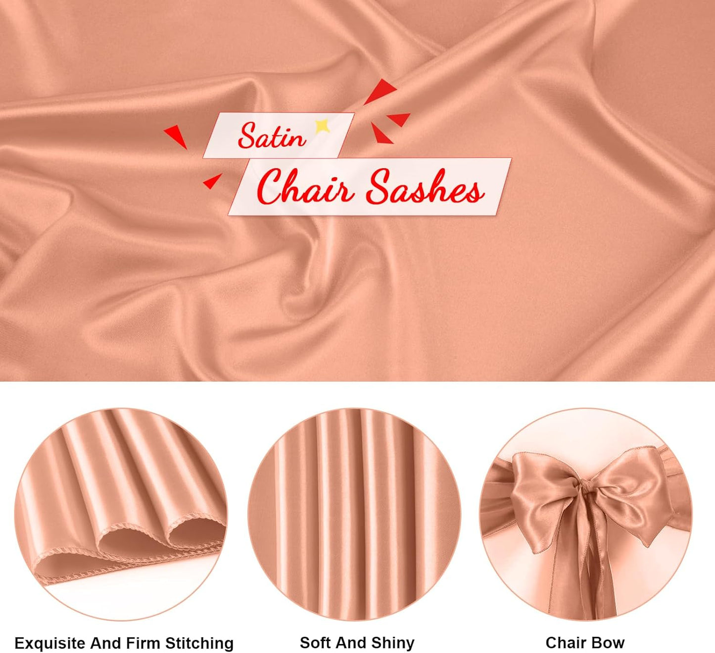 50 PCS Rose Gold Satin Chair Sashes Bows Universal Chair Ribbon Ties Back Sash for Wedding Party Reception Events Banquets Hotel Event Chair Cover Decoration (7x108 inch)