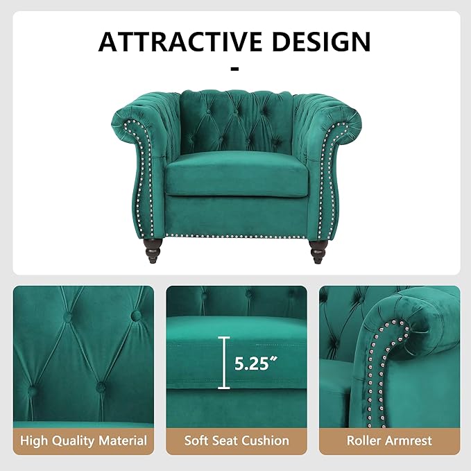 Living Room Chair, Modern Velvet Chesterfield Sofa Chair, Mid Century Single - Image 7
