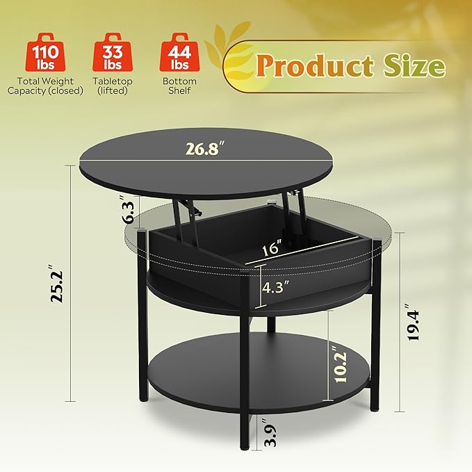 WLIVE Round Lift Top Coffee Table - Image 3