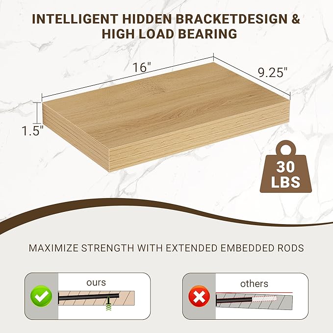 Acovy 16 Inch Floating Shelves, 3D Textured Wood Grain, Wooden Shelves - Image 3