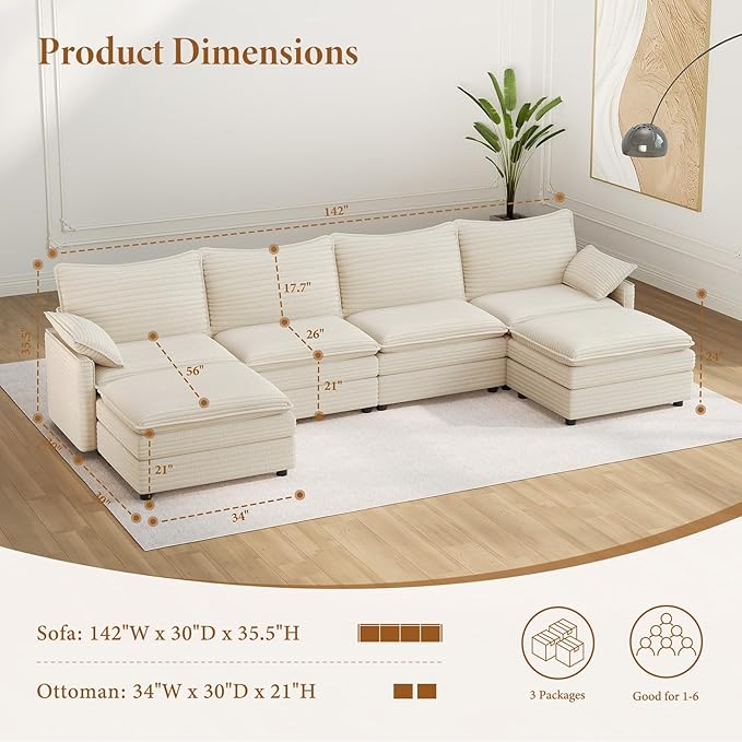 Vesgantti 142" U Shaped Sectional Couch, Comfy Cloud Modular Sectional Sofa - Image 2