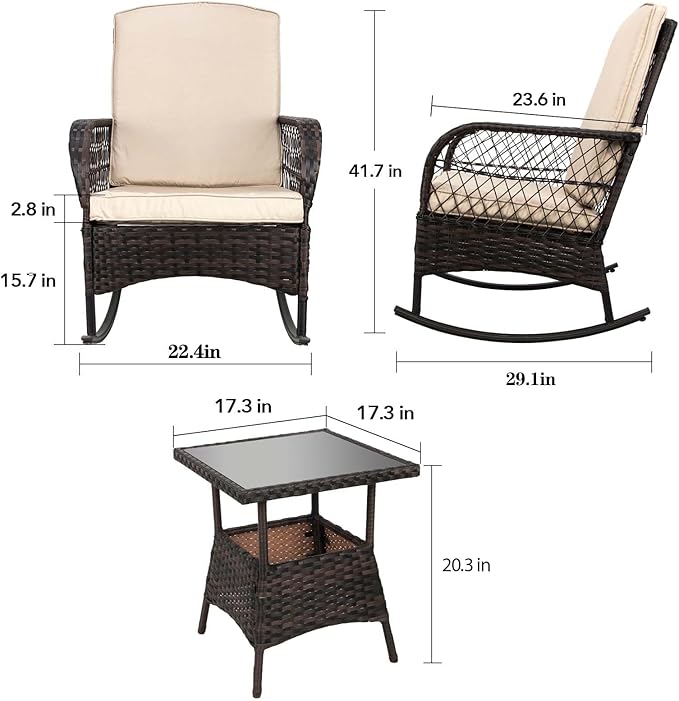 LEVELEVE 3 pcs Rocking Bistro Set Conversation Chairs PE Wicker Outdoor Rocking - Image 2