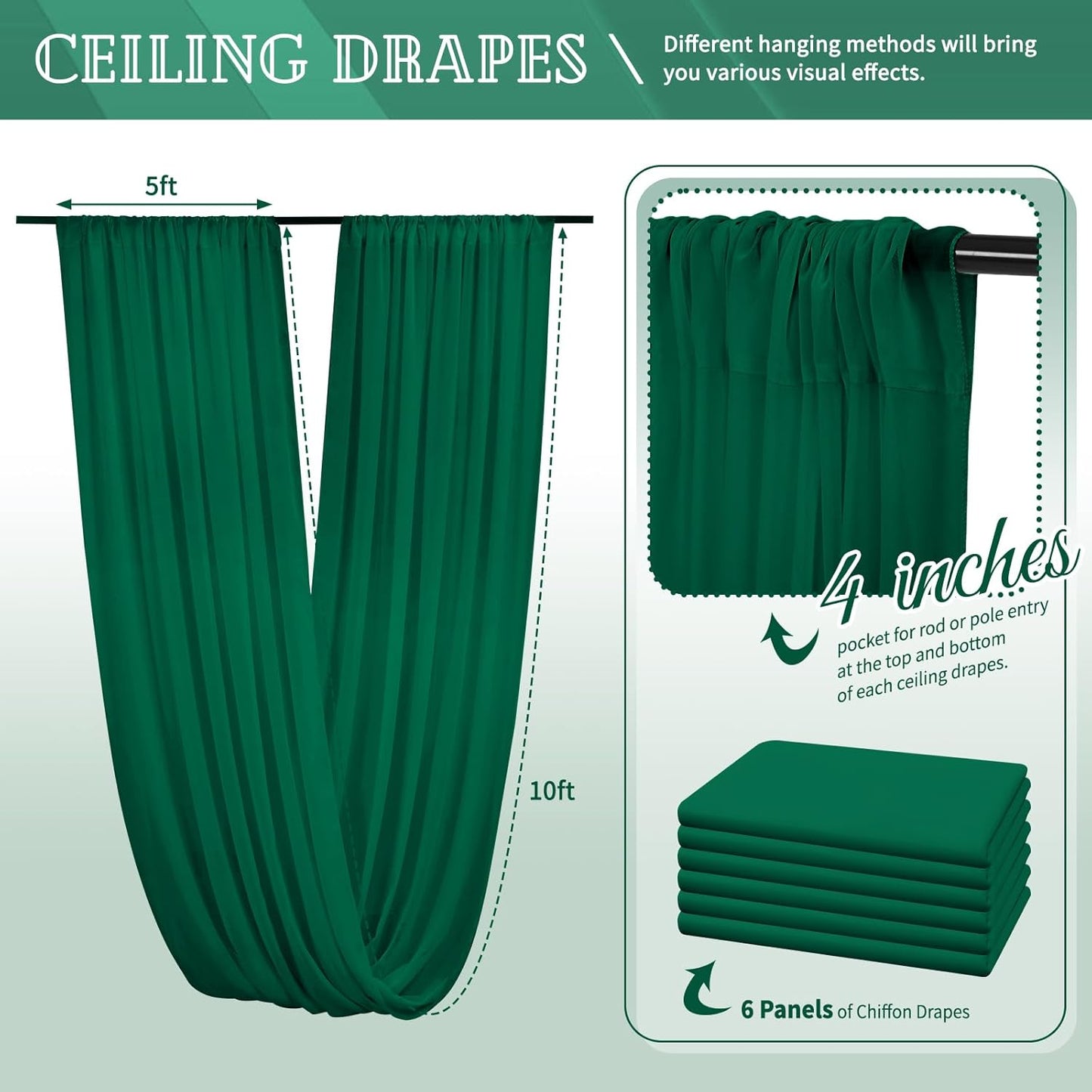 6 Panels Emerald Green Ceiling Drapes for Wedding 5ftx10ft Chiffon Fabric Arch Draping Curtains Sheer Drapery for Party Ceremony Birthday Baby Shower Reception Stage Swag Ceiling Decorations