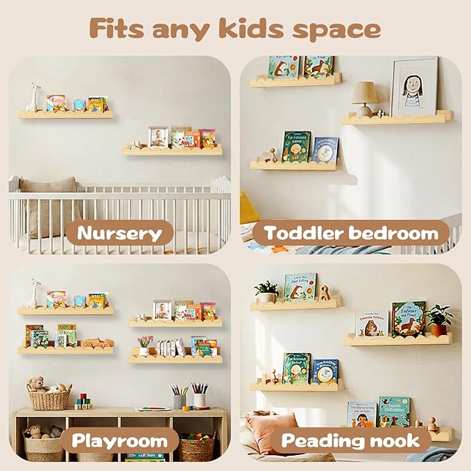 Nursery Floating Shelves for Kids Room, 2 Pack 23.6 Inch Natural Wood Wall - Image 6