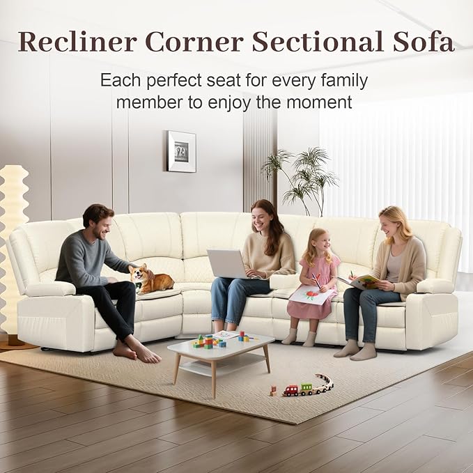 Yolsali Manual Reclining Sectional Sofa Set, 6 Seats Soft Leather Recliner - Image 3