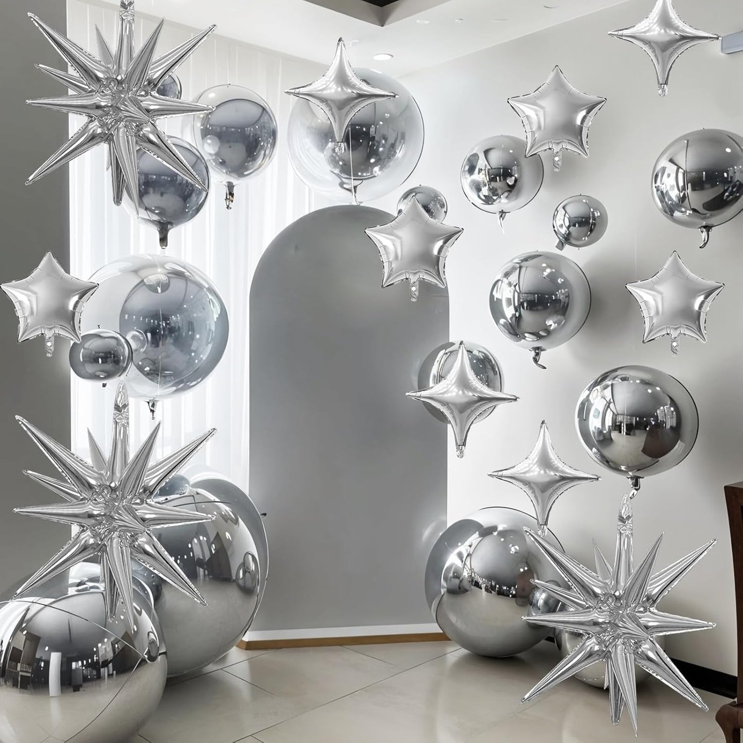 Silver Star Balloon,16Pcs Star Foil Balloons Set with 22Inch Explosion Spike Cone Balloons and 10Inch Quadrangle Helium Balloon for Birthday Wedding Baby Shower Party Decorations