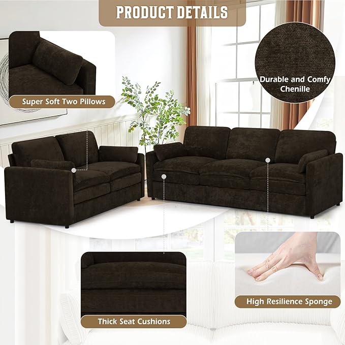 Comfy Chenille Sofa Set with Well-Filled Pillows, Modern 3 Seater and Loveseat - Image 2