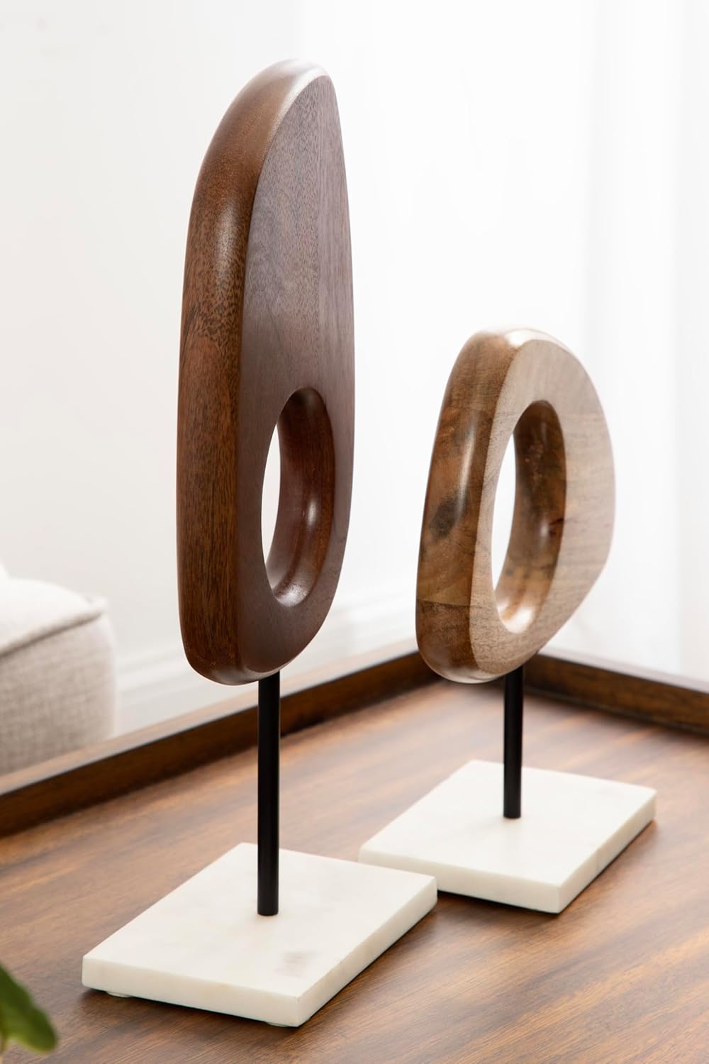 Kate and Laurel Yoakes Wood and Marble Decorative Sculptures, 2 Piece Set, Natural and Walnut, Sculptural Wooden Decor Accents for Shelf Decor or Bedroom Design