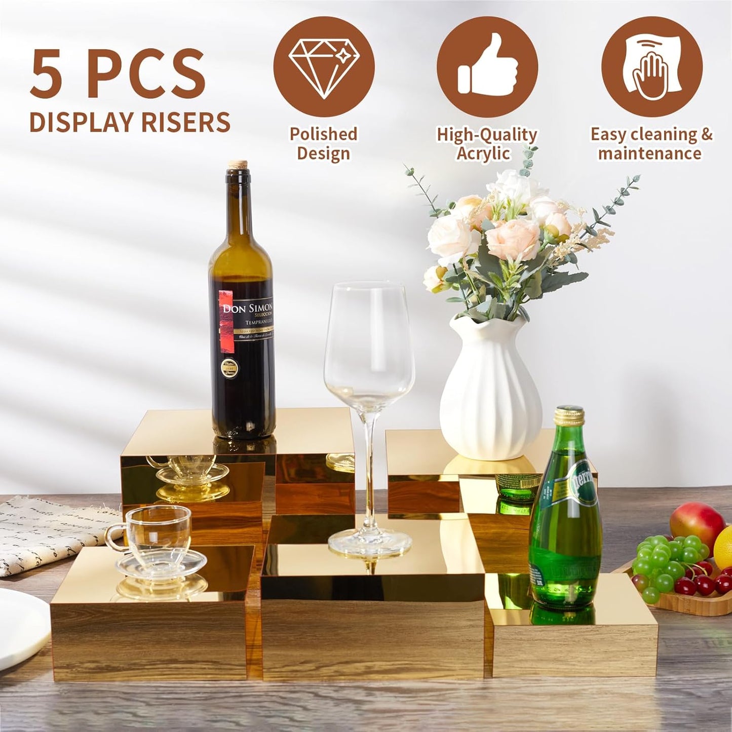 Acrylic Risers for Display 5 Pcs, Food Risers for Party Gold Cube Boxes Display Stands for Jewelry Bag Cosmetics Catering Dessert Collectibles