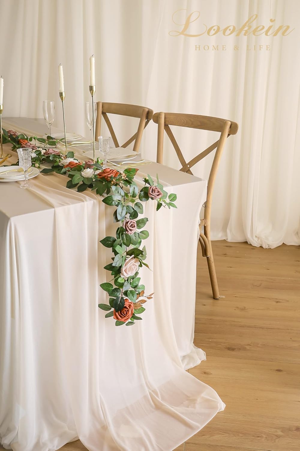 Lookein 5FT Artificial Rose Flower Garland for Table Centerpieces Backdrop Arch Flowers Decorations Wedding Ceremony Reception Table Decor, Terracotta