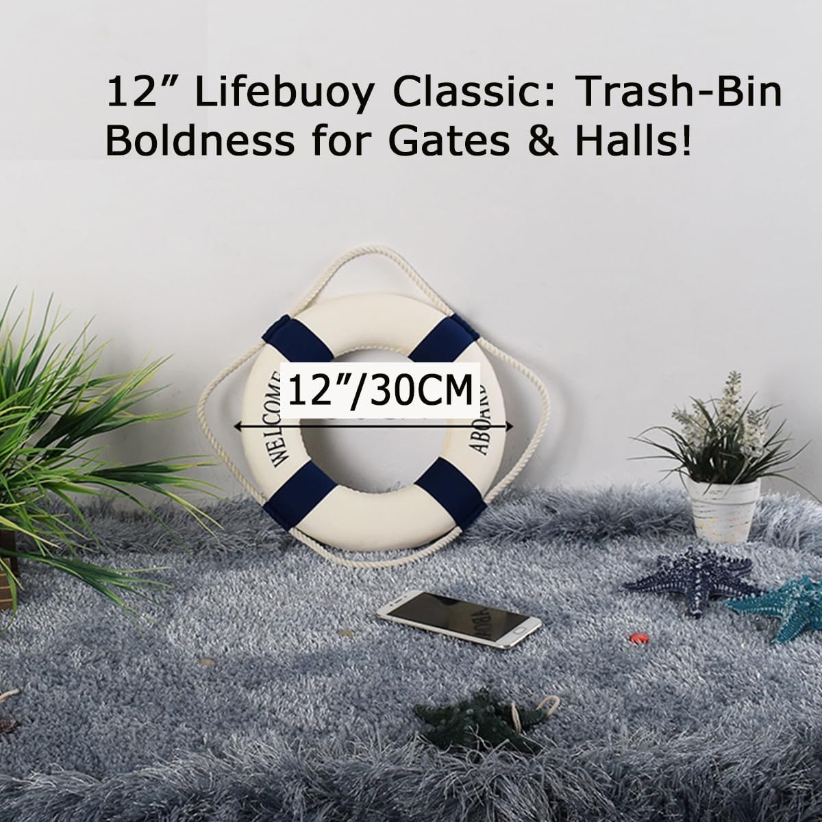 MorroMorn Lifebuoy Wall Hanging Decor - Welcome Aboard Mediterranean Style Home Decoration (Navy, 12")