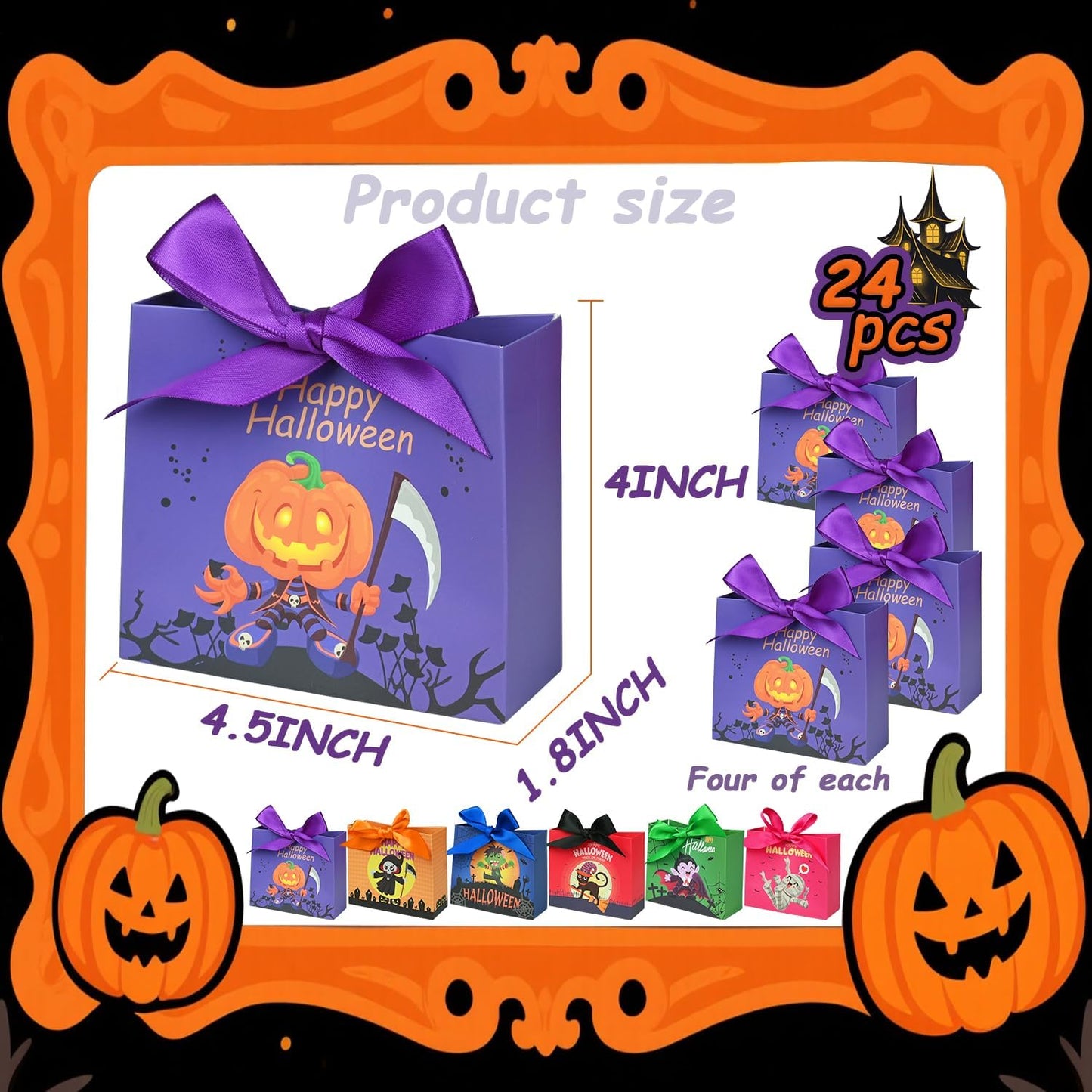 24PCS Halloween Goodies Bags, Trick or Treat Candy Gift Paper Bags Bulk with Ribbons, Halloween Treat Boxes for Kid, Party Favor, Classroom Exchange, Home Decoration 4.5 x 3.9 x 1.7 Inches