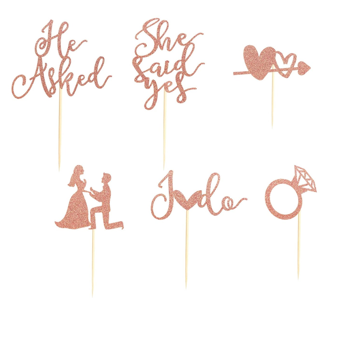 24Pcs He Asked She Said Yes Cupcake Toppers Diamond Ring Heart I Do Cake Picks for Wedding Engagement Bridal Shower Party Cake Decorations - Rose Gold Glitter