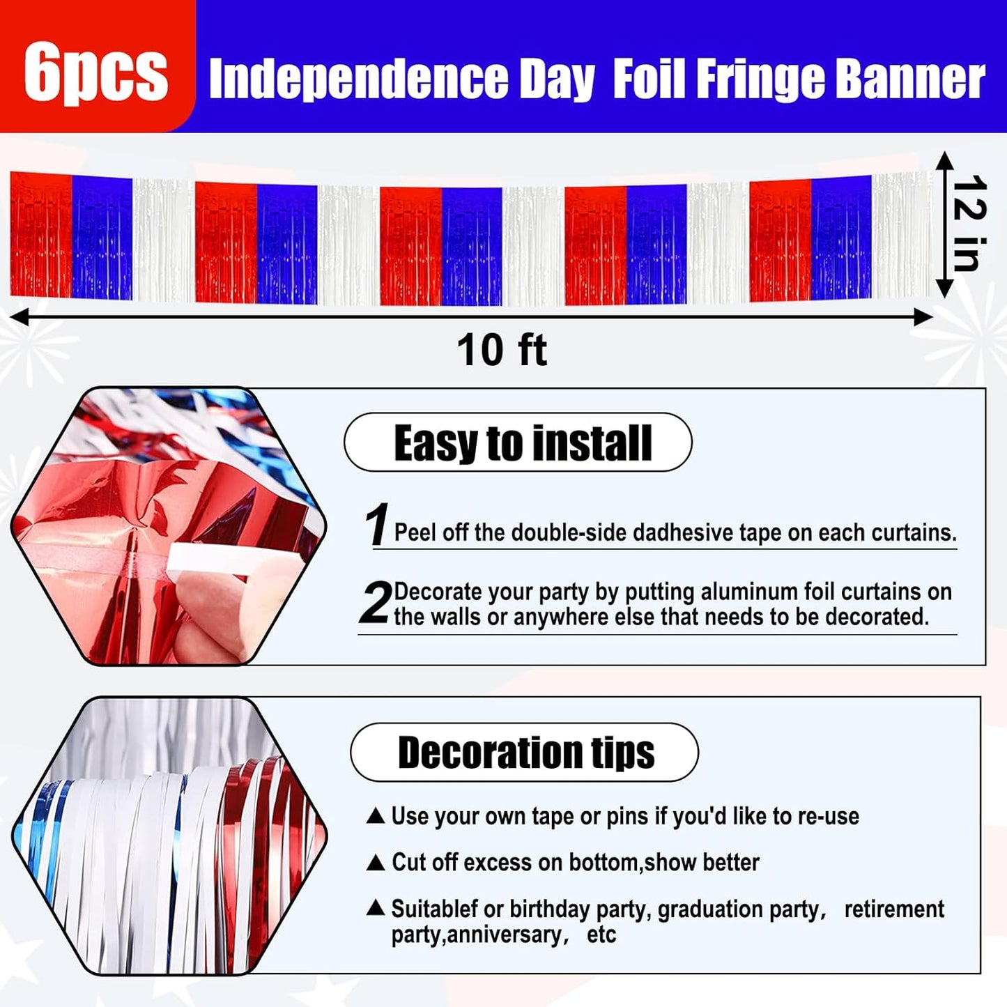 6 Pack 10 Feet White Blue Red Foil Fringe Garland Metallic Tinsel Streamers Banner Wall Hanging Curtain Backdrop for Parade Floats, Birthday, Graduate, Mother's Day, Wedding Party Decoration